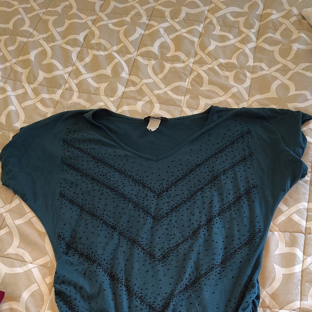 "Espresso" Teal and Black Patterned Short Sleeve Top